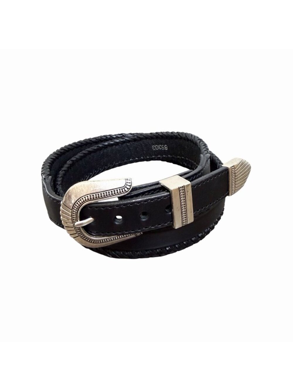 VTG Brighton Dakota Belt Black Laced Edge Leather Silver-Tone Etched Hardware 38